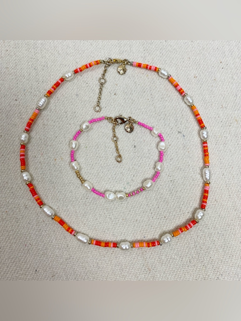 J. Crew Faux Pearl & Bead Necklace and Bracelet Set in Orange and Pink